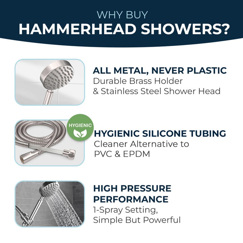 HammerHead ShowersÂ® Solid Metal LOW FLOW Handheld Shower Head with Hose and Brass Holder - BRUSHED NICKEL â€“ Water Saving 1.75 GPM Detachable Shower Head - Adjustable Shower Wand Bracket & 6ft Hose - Image 5